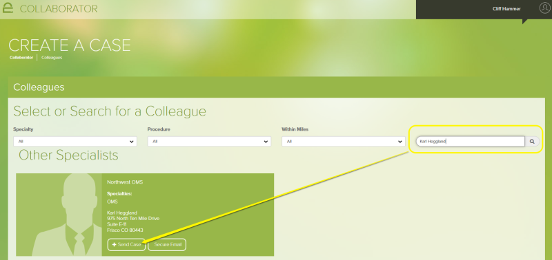 Create a Case” page: search field for colleague, “Other Specialists” section with placeholder icon and action button